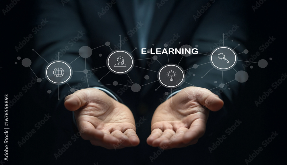 Poster hands reaching out with e-learning icons representing online education, knowledge sharing, and digit