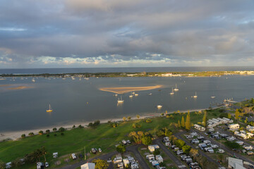 Aerial images coastal Southport on Gold Coast with motor camp in foreground