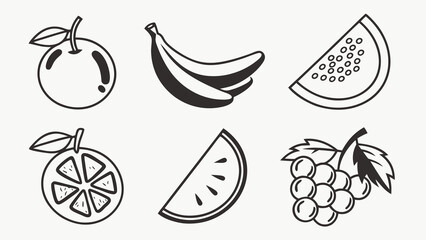Collection of simple black and white line art icons featuring various fruits including bananas grapes orange and watermelon slices