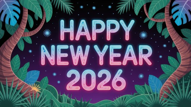 Happy new year 2026 text in neon lights with tropical jungle foliage and starry night sky background - Powered by Adobe