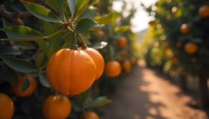 Orange garden with ripe oranges on tree branches. Beautiful orange trees in an orchard. Fruit trees laden with ripe fruits. Juicy citrus fruits ripening in the sun