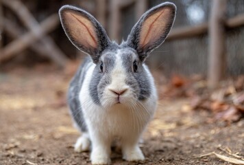 Fototapeta premium Closeup Portrait of a Gray and White Rabbit Outdoors