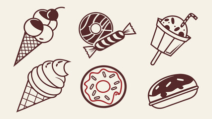 Collection of stylized sweet treats including ice cream cones donuts candy and a frozen dessert on a neutral background