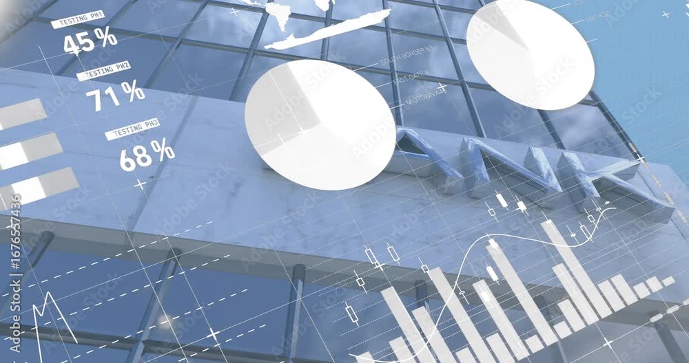 Poster animation of statistics with data processing over bank building