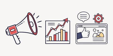 Digital marketing success with a megaphone analytics graph and positive feedback on a computer screen