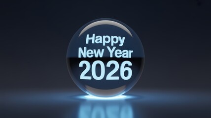 Happy new year 2026 text inside a glowing crystal ball on a dark background with blue light