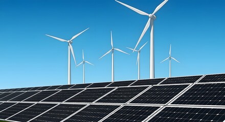 Solar panels and wind turbines generate clean energy in an illustration.