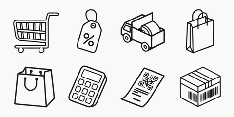 Set of eight simple black line art icons representing online shopping and retail services on a white background