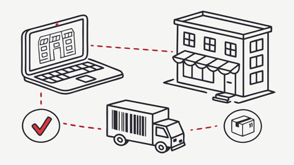 Online shopping process from ordering on laptop to delivery by truck to customer doorstep