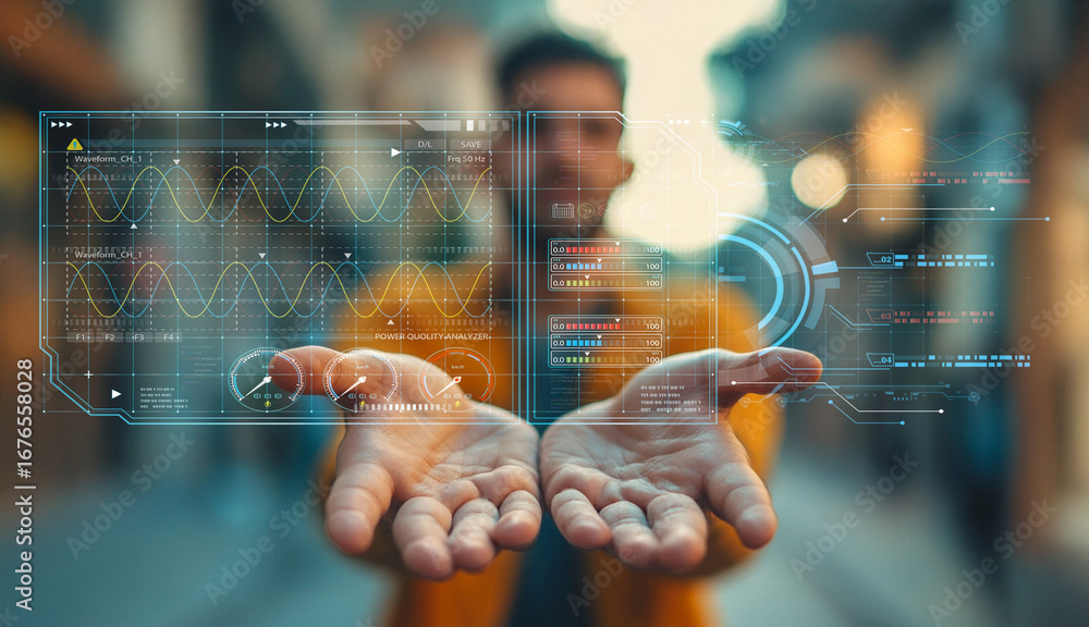 Poster futuristic man interacting with holographic interface displaying data, charts, and technology concep