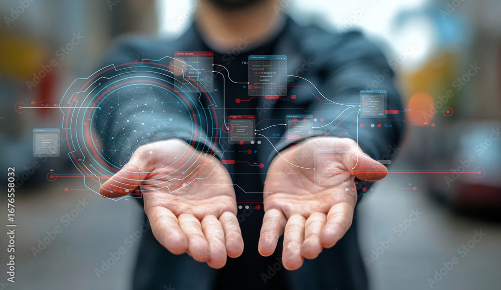 Poster businessman presenting digital interface concepts through open hands in urban setting with abstract 