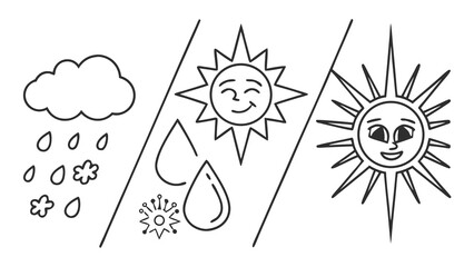 Simple line art illustrations depicting weather elements including rain cloud and happy suns representing different weather conditions