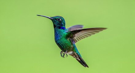 Fototapeta premium A vibrant blue and green hummingbird hovers in mid-flight against a soft green background, showcasing its iridescent plumage and rapid wing movement.