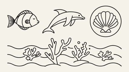 Whimsical line art collection featuring a dolphin fish seashell and coral reef elements on a light background