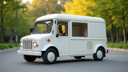 White vintage food truck parked on asphalt road with trees in background during daytime