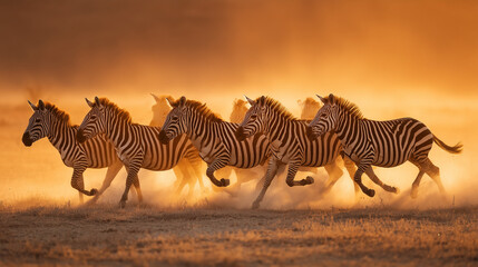 A herd of zebras runs together across the dusty savanna, their black-and-white stripes glowing under the warm golden light of sunset.