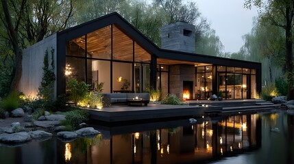 Contemporary Riverside Villa 3D Render | Evening Modern House Exterior by Water | Photorealistic Architecture CGI