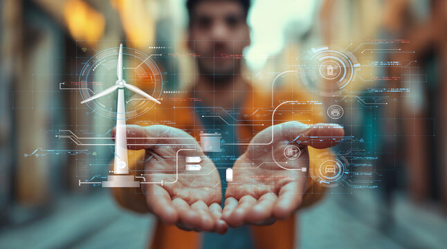 Young man showcasing digital interface with renewable energy icons, wind turbine symbolizing sustainable technology and environmental innovation in urban setting - Powered by Adobe