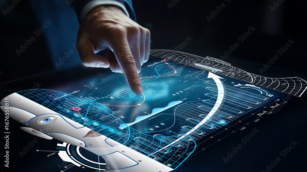 Poster futuristic technology interface with human interaction and artificial intelligence concept in a mode
