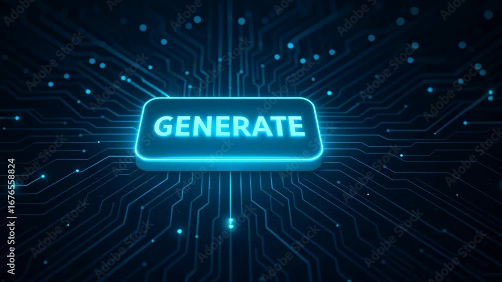 Aufkleber llm, ai large language model. generate button glow blue neon cyber circuit tech digital energy surge