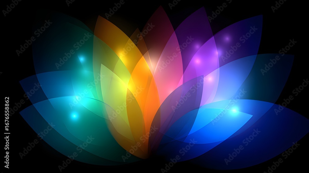 Poster a vibrant, colorful abstract design featuring overlapping translucent shapes, radiating light and co