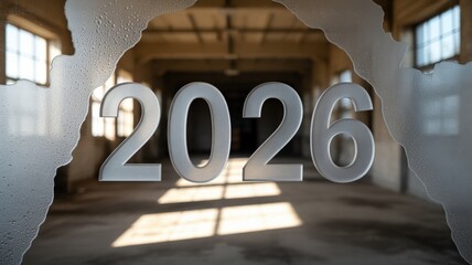 The year 2026 is displayed in large metallic numbers through a cracked glass opening in an abandoned industrial building