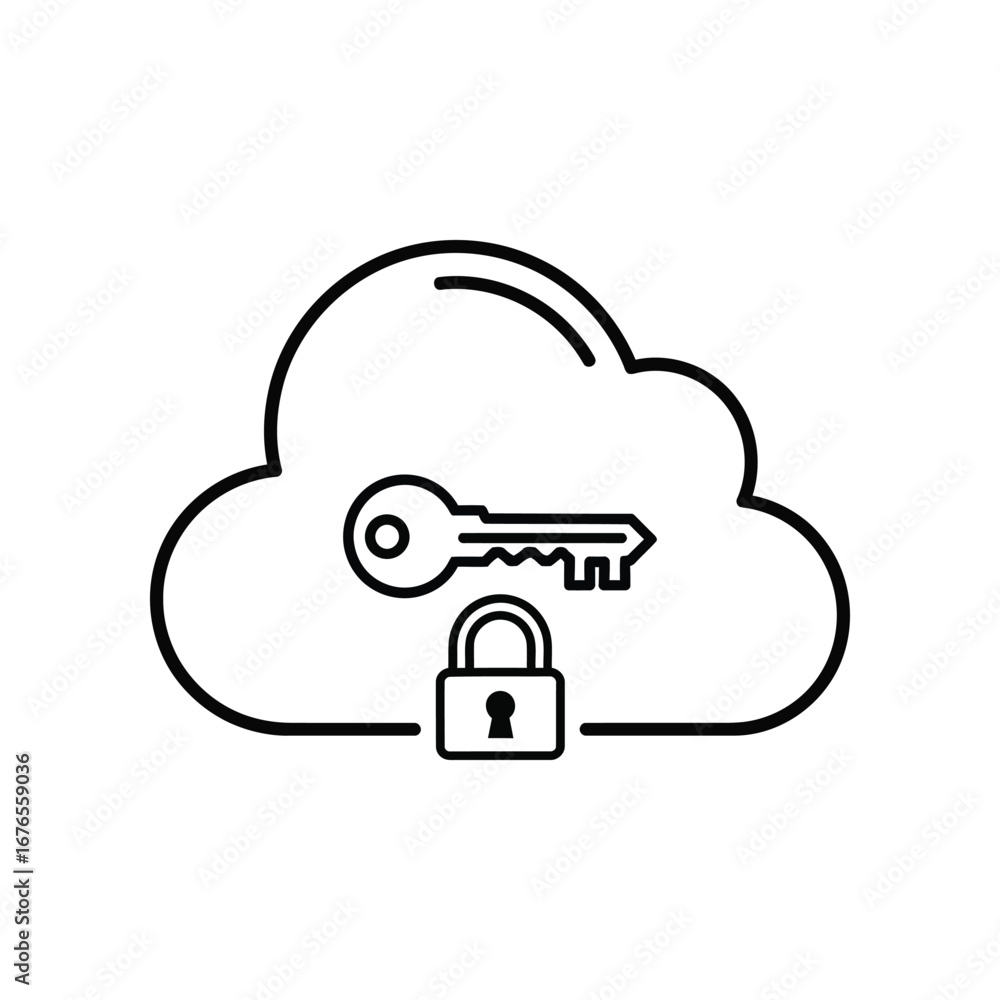Aufkleber cloud security: a minimalist illustration of a secure cloud data storage, featuring a stylized cloud