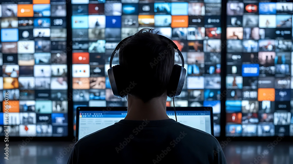 Poster media professional immersed in data analysis, monitoring content streams and performance metrics