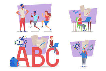 Diverse students participating in various learning activities, including sports, studying, and science projects. Teamwork and academic growth concept