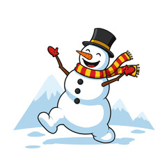 Joyful snowman in a top hat and striped scarf, striking a playful pose in a snowy mountain setting.