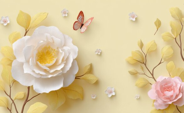 Pastel Paper Flowers and Butterfly on Yellow Background