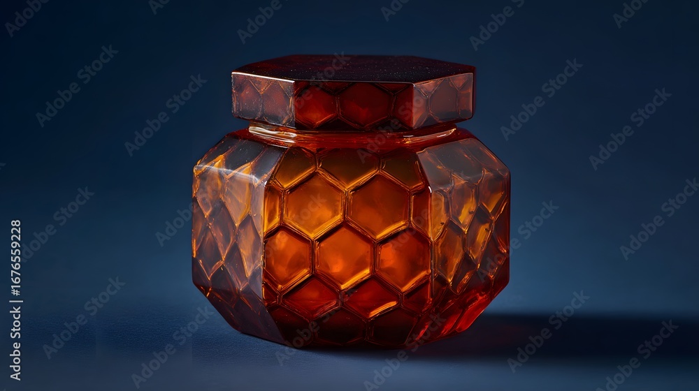 Poster a rich, amber-hued honey jar, featuring a multifaceted design with intricate honeycomb patterns, cre