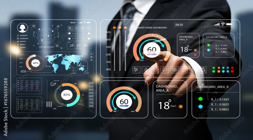 Poster businessman interacting with futuristic touchscreen dashboard, data visualization, analytics, and co