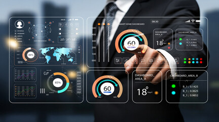Businessman Interacting with Futuristic Touchscreen Dashboard, Data Visualization, Analytics, and Control Interface in Modern Office Environment