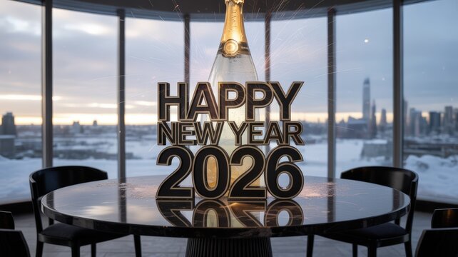 Happy new year 2026 text with champagne bottle and city view in background
