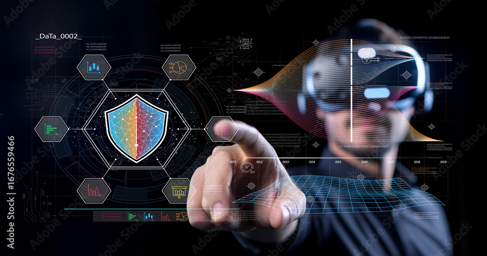 Poster person in virtual reality headset engaging with digital interface displaying cybersecurity concepts 