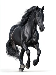 Powerful Black Friesian Horse Running Against White Background