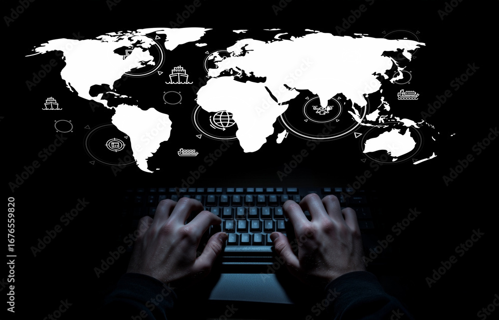 Poster hands typing on keyboard with world map projection on screen representing global connectivity and te