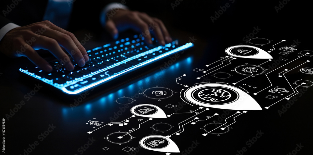 Poster hands typing on a futuristic keyboard with glowing keys, surrounded by digital icons representing te