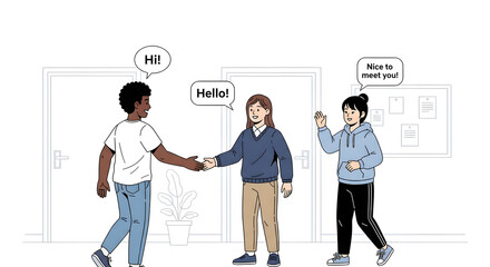 Diverse team warmly welcomes new colleague with a handshake in office setting, fostering positive collaboration