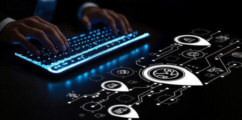 Hands typing on a futuristic keyboard with glowing keys, surrounded by digital icons representing technology, innovation, and data connectivity