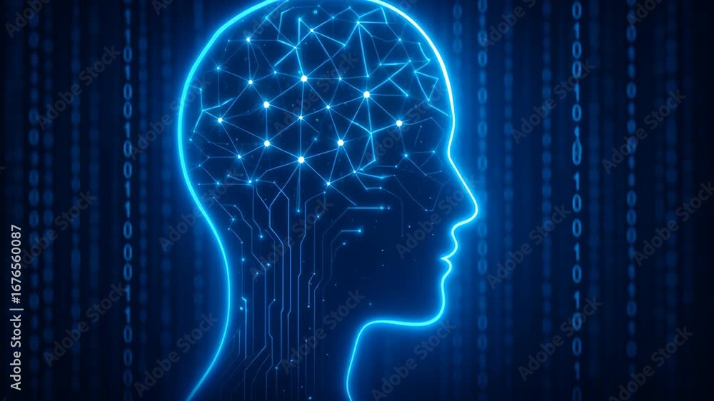 Aufkleber llm, ai large language model. artificial intelligence blue silhouette head neural network circuit gl