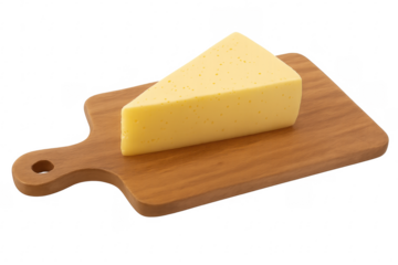 Triangular piece of cheese resting on wooden cutting board with transparent background