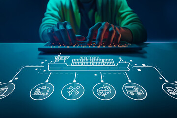 Digital logistics management with ship icons, keyboard hands and blue background for supply chain and transportation concepts