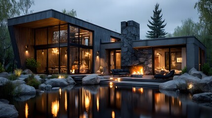 Obraz premium Luxury 3D House Exterior by the Lake | Modern Riverside Villa Rendering at Golden Hour | Architectural Visualization