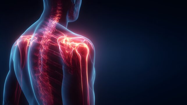 A detailed anatomical representation of the shoulder and spine, highlighting the skeletal structure with vibrant color accents.