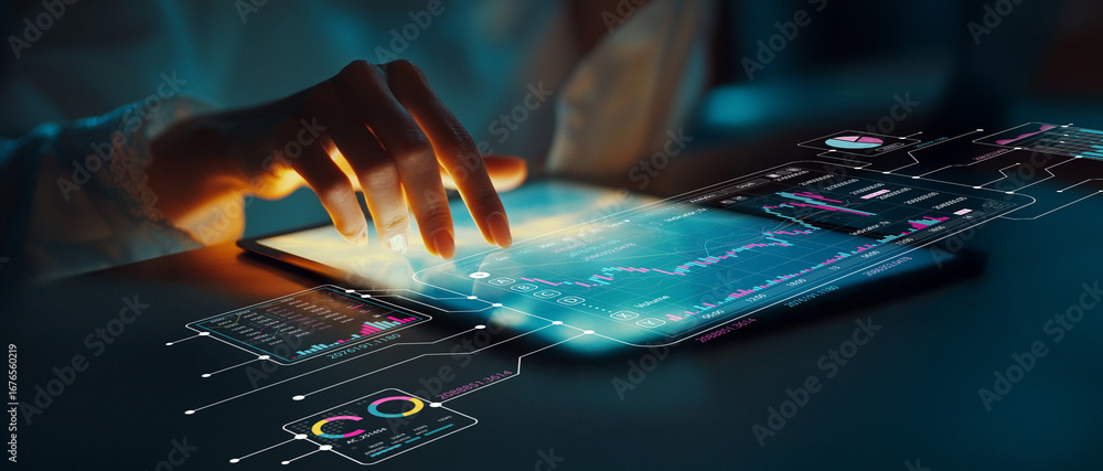 Aufkleber futuristic hand interacting with digital tablet displaying data analytics and graphs in a high-tech 