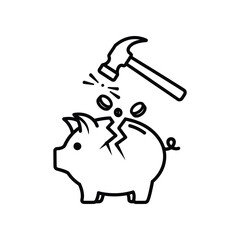 Breaking the piggy bank: A line art image shows a pig bank being shattered by a hammer, representing financial crisis and debt with falling coins.