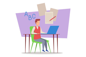 Student focusing on tasks at desk with laptop. Colorful papers and letters displayed on wall, creating educational atmosphere