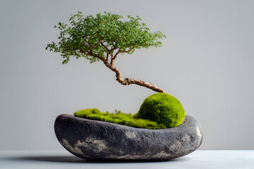 Serene Bonsai Tree in Stone Planter, Minimalist Zen Garden Design, Peaceful Atmosphere, Lush Greenery, Tranquil Mood.